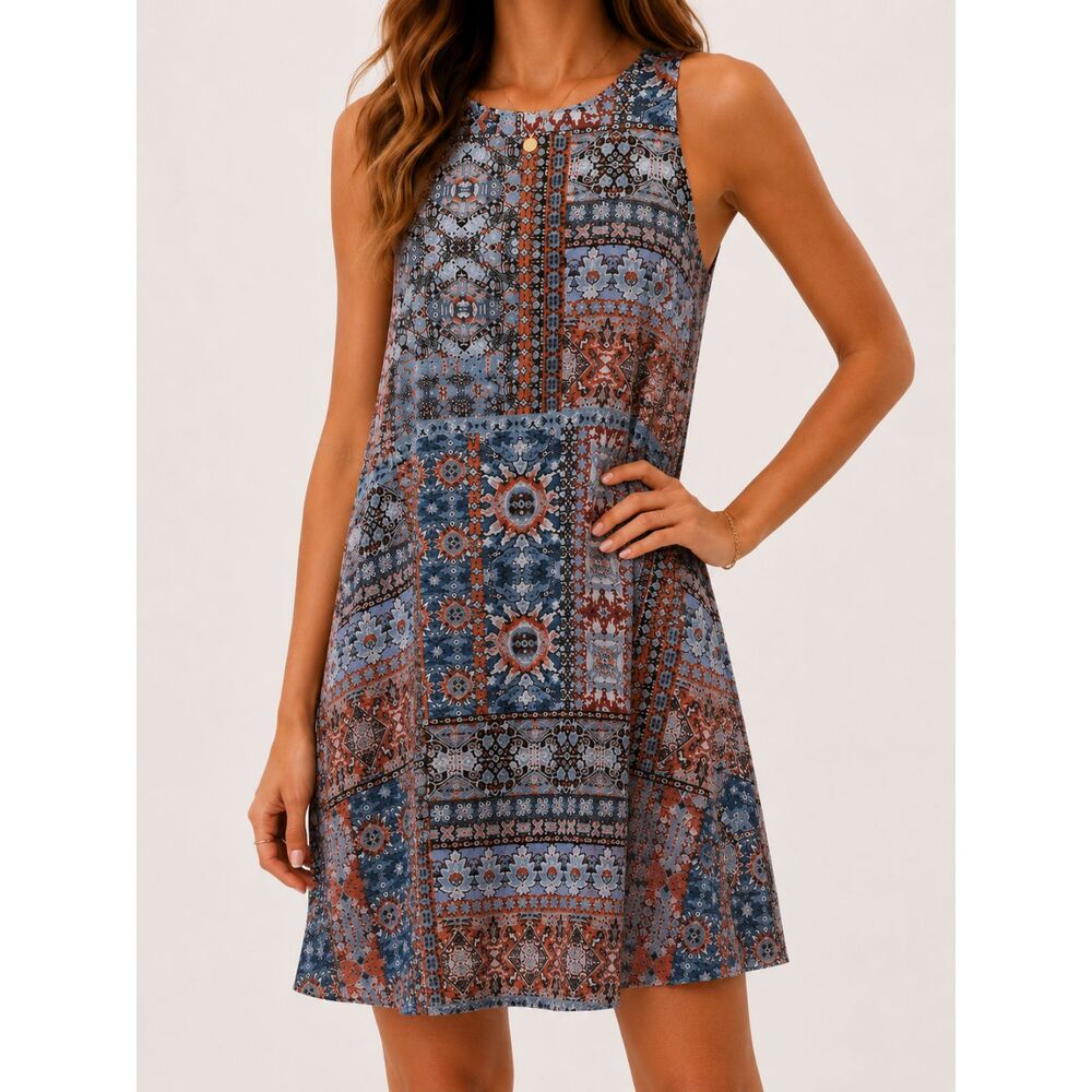 Lulus NWT Mosaic Tile Boho Shift Dress Small Sleeveless Rayon Made in USA